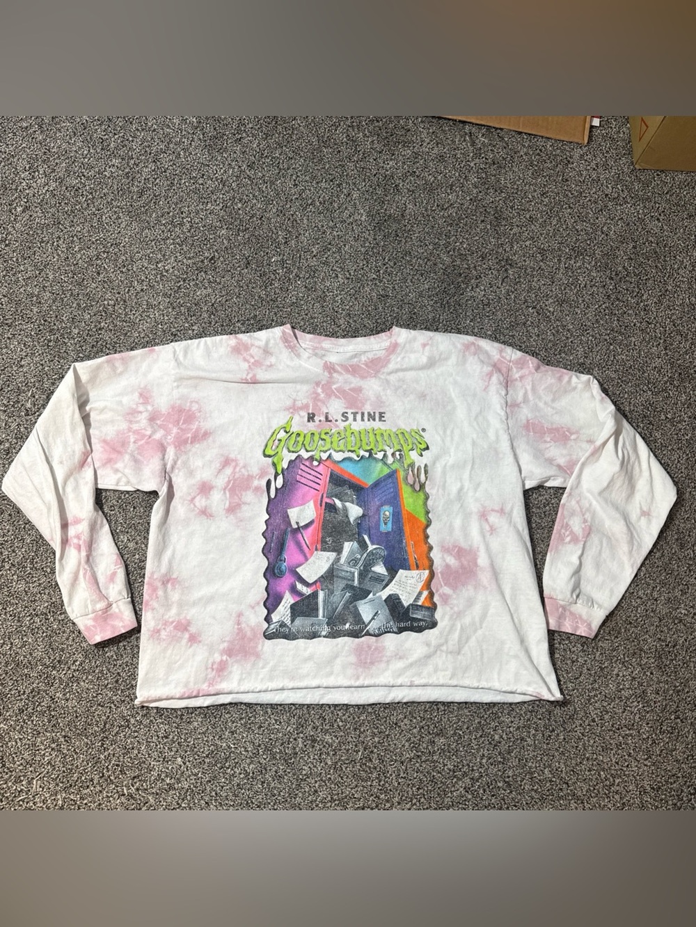 Goosebumps Stine Cover Long Sleeve Cropped Tee T-shirt Pink White Tie Dye M/L